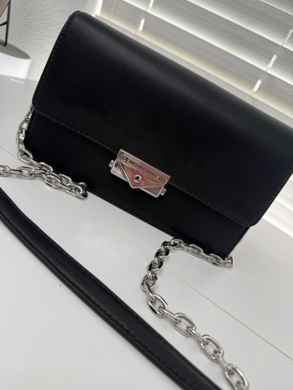 Michael Kors RARE Black Leather Crossbody with Silver Chain